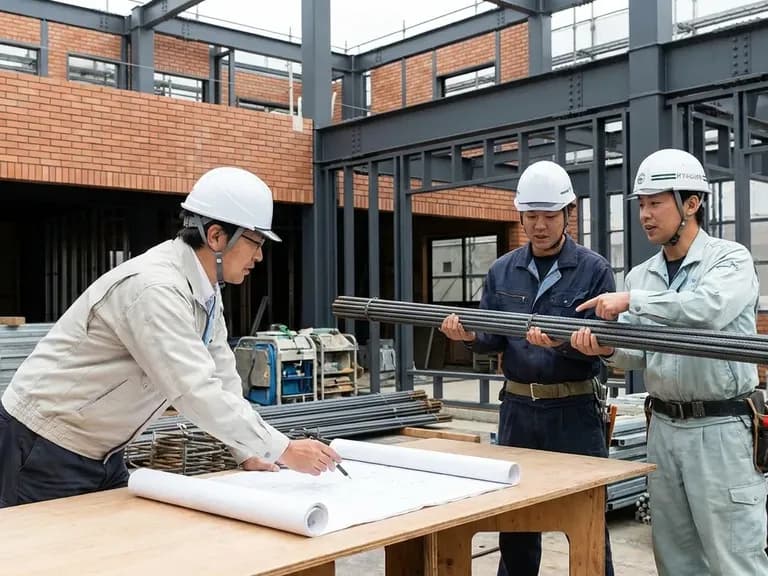 Japonya'da yapı denetimi sahnesi; mimar inceleme yapıyor, güvenlik önlemleri dikkate alınmakta.