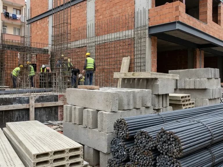 Deprem güvenliğine uygun sertifikalı malzemeler inşaat sahnesinde, doğal ışık ve sakin renklerle.