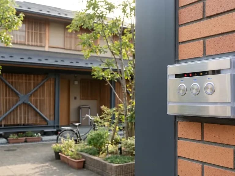 Yeni Japon konutları ve deprem uyarı sistemi ile güvenlik önlemlerine odaklanan bir görsel.